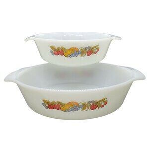 2 Vintage Anchor Hocking Fire King Casserole Dish Nature's Bounty Fruit Pattern